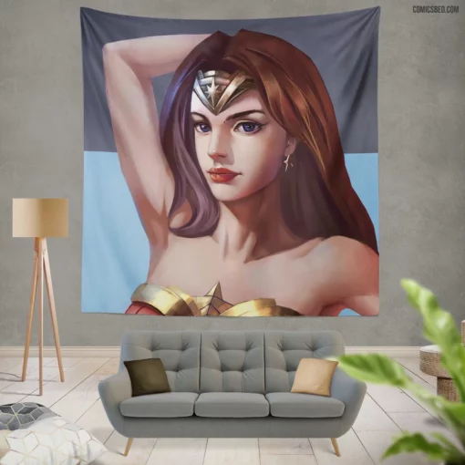 Amazonian Heroine Wonder Woman Striking Features Comic Wall Tapestry