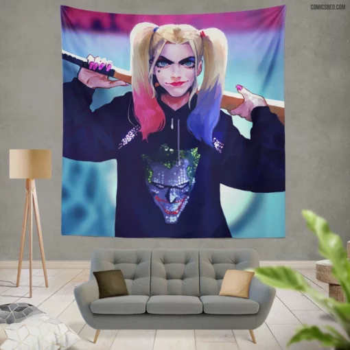 Baseball Bat Jester DC Harley Quinn Comic Wall Tapestry