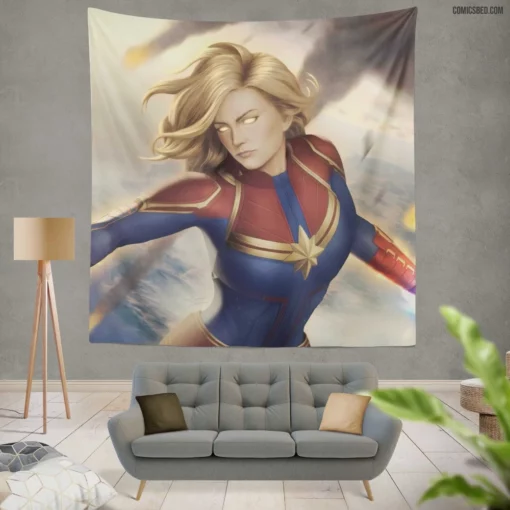 Blonde Marvel Might Captain Marvel Quest Comic Wall Tapestry