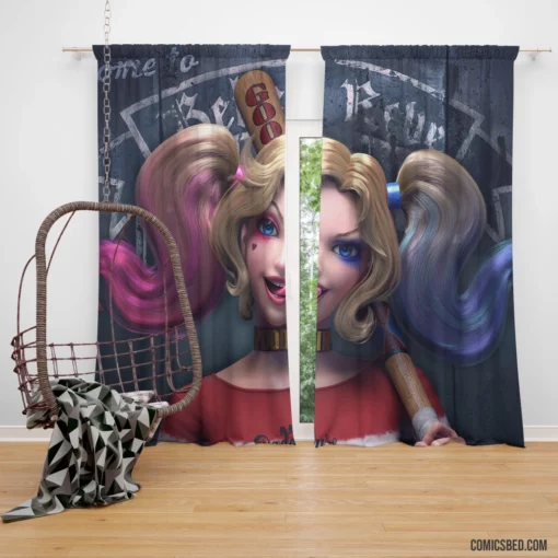 Blonde Twintailed Jester DC Harley Quinn Comic Curtain