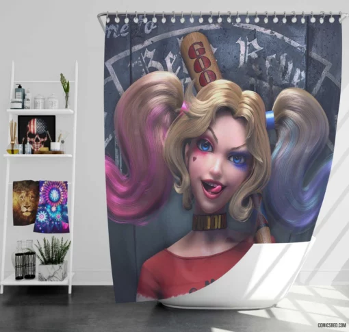 Blonde Twintailed Jester DC Harley Quinn Comic Shower Curtain