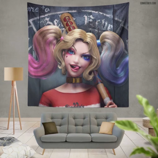 Blonde Twintailed Jester DC Harley Quinn Comic Wall Tapestry