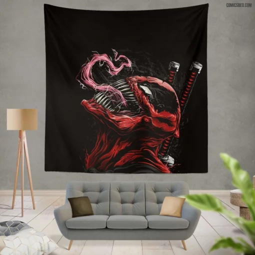 Crossover Deadpool Venom Symbiotic Clash Comic Wall Tapestry