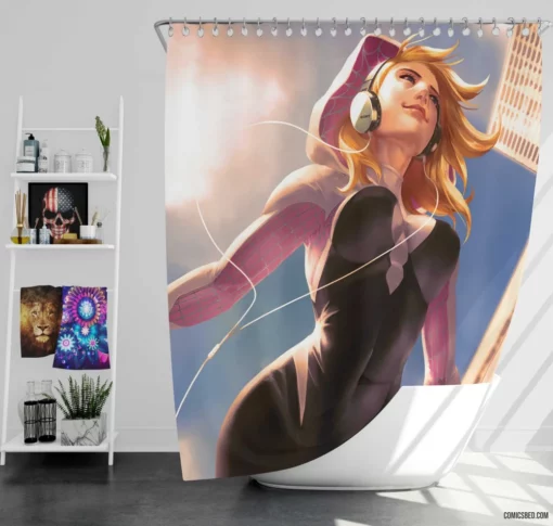 Gwen Stacy Girl with Headphones Marvel Icon Comic Shower Curtain