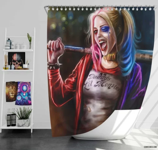 Harley Quinn Baseball Bat Jester Comic Shower Curtain