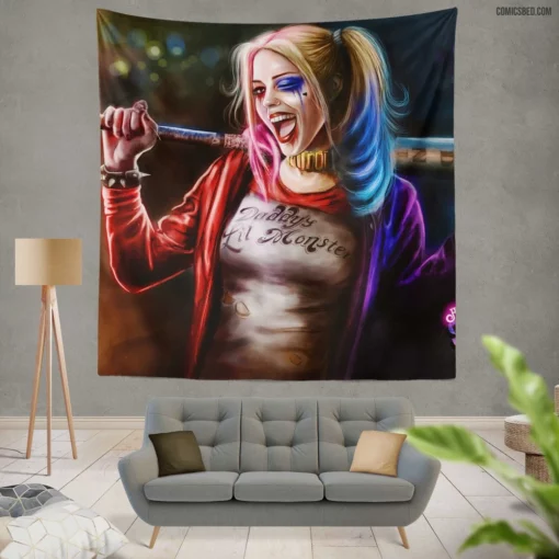 Harley Quinn Baseball Bat Jester Comic Wall Tapestry