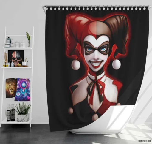 Harley Quinn Blue Eyes DC Mischievous Jester Comic Shower Curtain