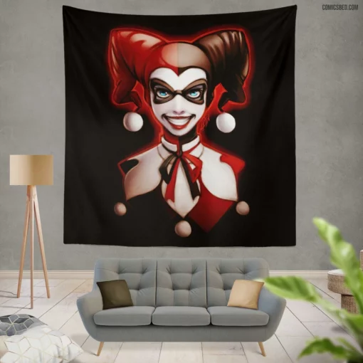 Harley Quinn Blue Eyes DC Mischievous Jester Comic Wall Tapestry