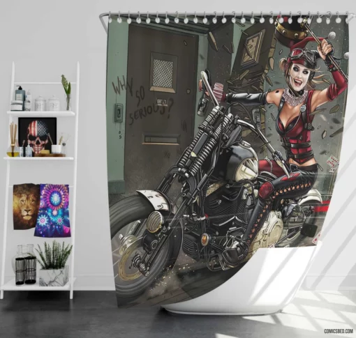 Harley Quinn DC Motorcycle Mischief Comic Shower Curtain