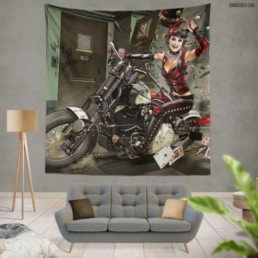 Harley Quinn DC Motorcycle Mischief Comic Wall Tapestry