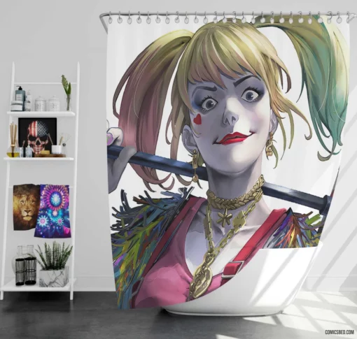 Harley Quinn DC Twintailed Antics Comic Shower Curtain