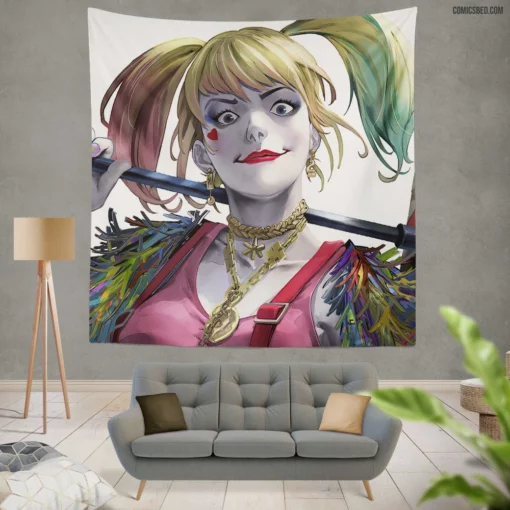 Harley Quinn DC Twintailed Antics Comic Wall Tapestry