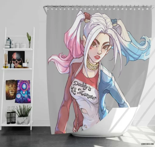 Harley Quinn Girl DC Mischievous Muse Comic Shower Curtain