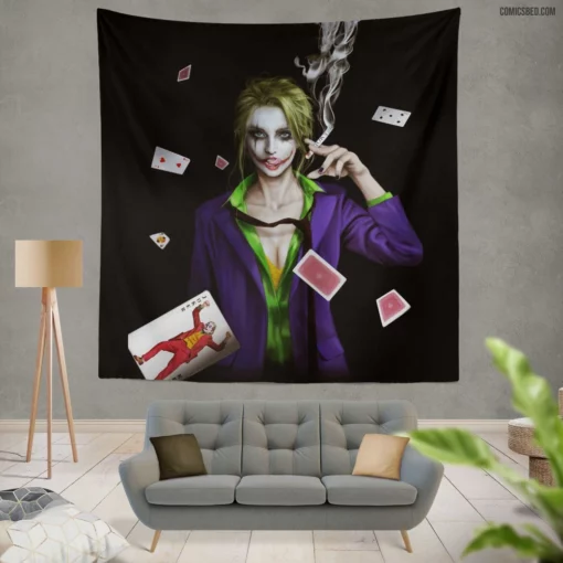 Joker Girl Smoking DC Trickster Comic Wall Tapestry