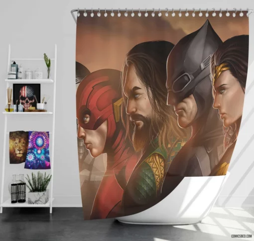 Justice League Dawn of Heroes Comic Shower Curtain