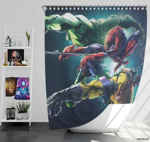 Marvel Comics Spider-Man Hulk Wolverine Heroic Ensemble Shower Curtain