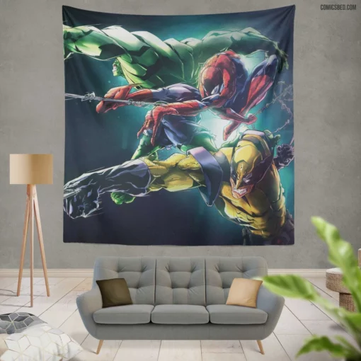 Marvel Comics Spider-Man Hulk Wolverine Heroic Ensemble Wall Tapestry