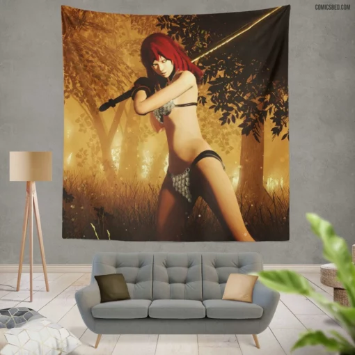 Red Sonja Sword-Wielding Hero Comic Wall Tapestry