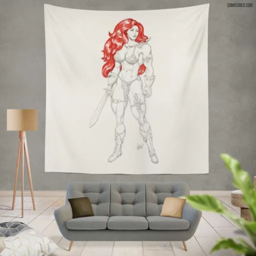 Red Sonja Sword-Wielding Heroine Comic Wall Tapestry