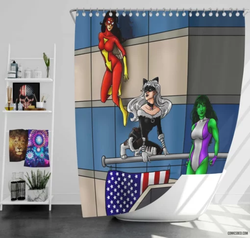 She Hulk Black Cat Spider-Woman Marvel Comic Shower Curtain