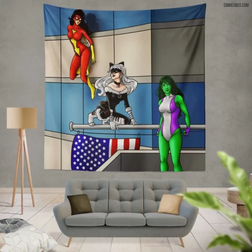 She Hulk Black Cat Spider-Woman Marvel Comic Wall Tapestry