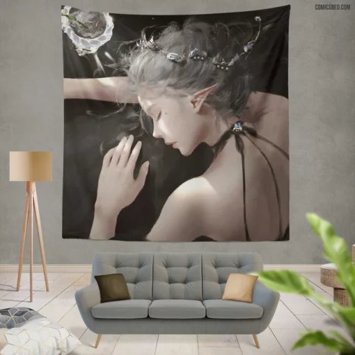 Sleeping Elf Dreamy Fantasy Comic Wall Tapestry