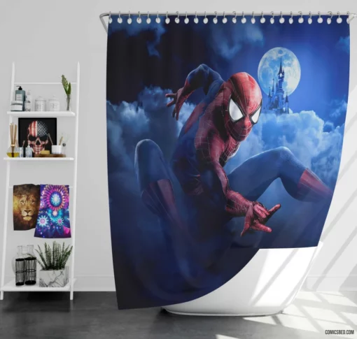 Spider-Man Swinging Through Disney Comic Shower Curtain