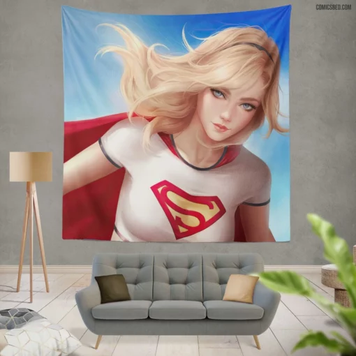 Supergirl Blonde Blue Eyes Heroine Comic Wall Tapestry