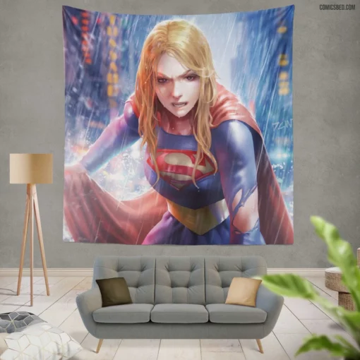 Supergirl Rain DC Flying Heroine Comic Wall Tapestry