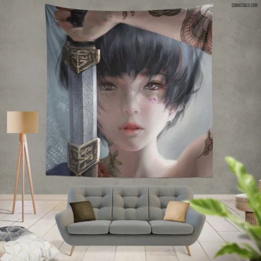 Tattooed Warrior Girl GhostBlade Comic Wall Tapestry