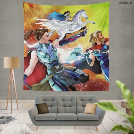 Thor Valkyrie Jane Foster Asgardian Duo Comic Wall Tapestry